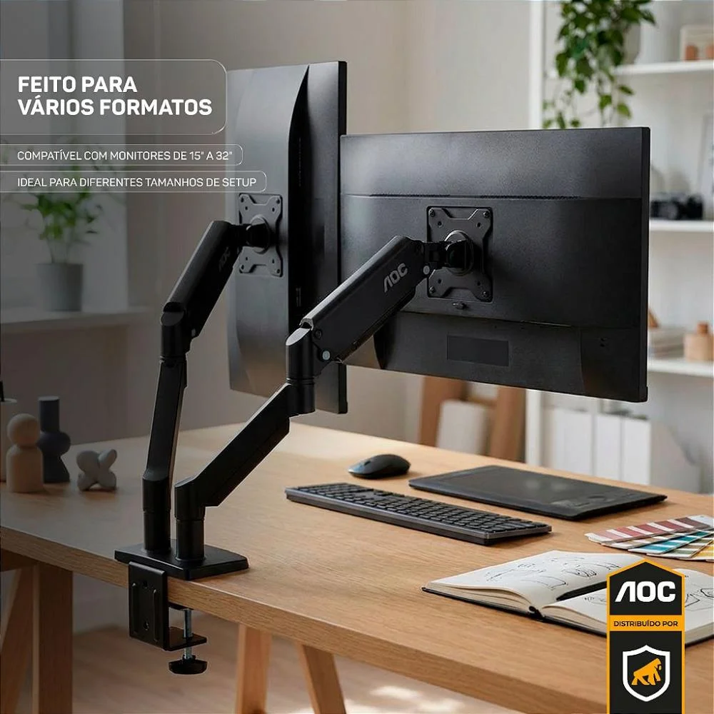 Imagem 5 de 5 do produto Suporte De Mesa Articulado Para 2 Monitores 15” A 32” Vesa - Preto - Aoc