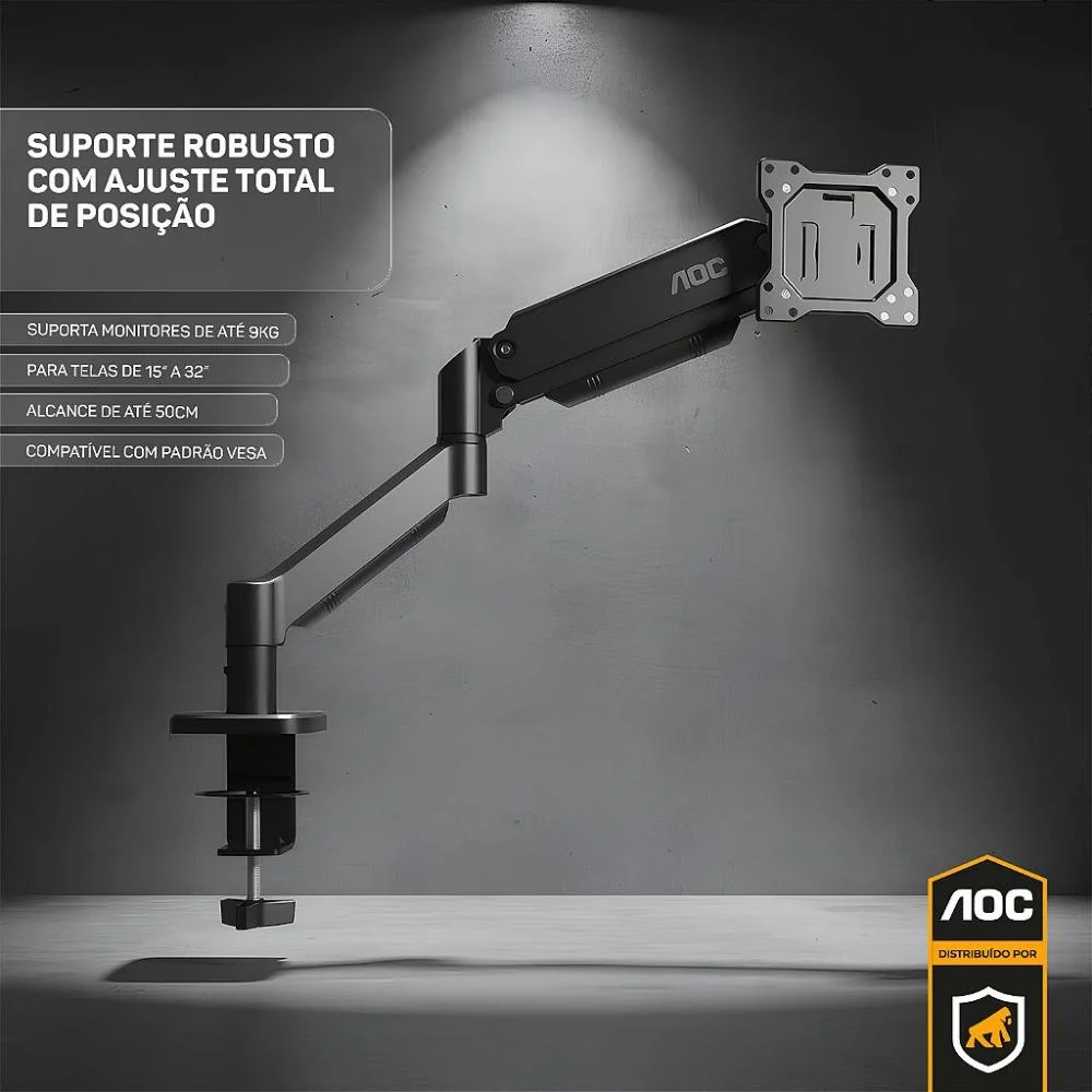 Imagem 3 de 5 do produto Suporte De Mesa Articulado Para Monitor 15” A 32” Até 9kg Vesa - Preto - Aoc