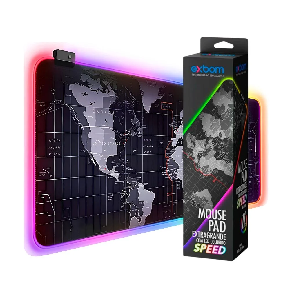 Mouse Pad Gamer Extra Grande Exbom Mapa Mundi Com LED Colorido 800x300x4mm Mp-LED3080c28 Mouse Pad Gamer Extra Grande Exbom Mapa Mundi Com LED Colorido 800x300x4mm Mp-LED3080c28