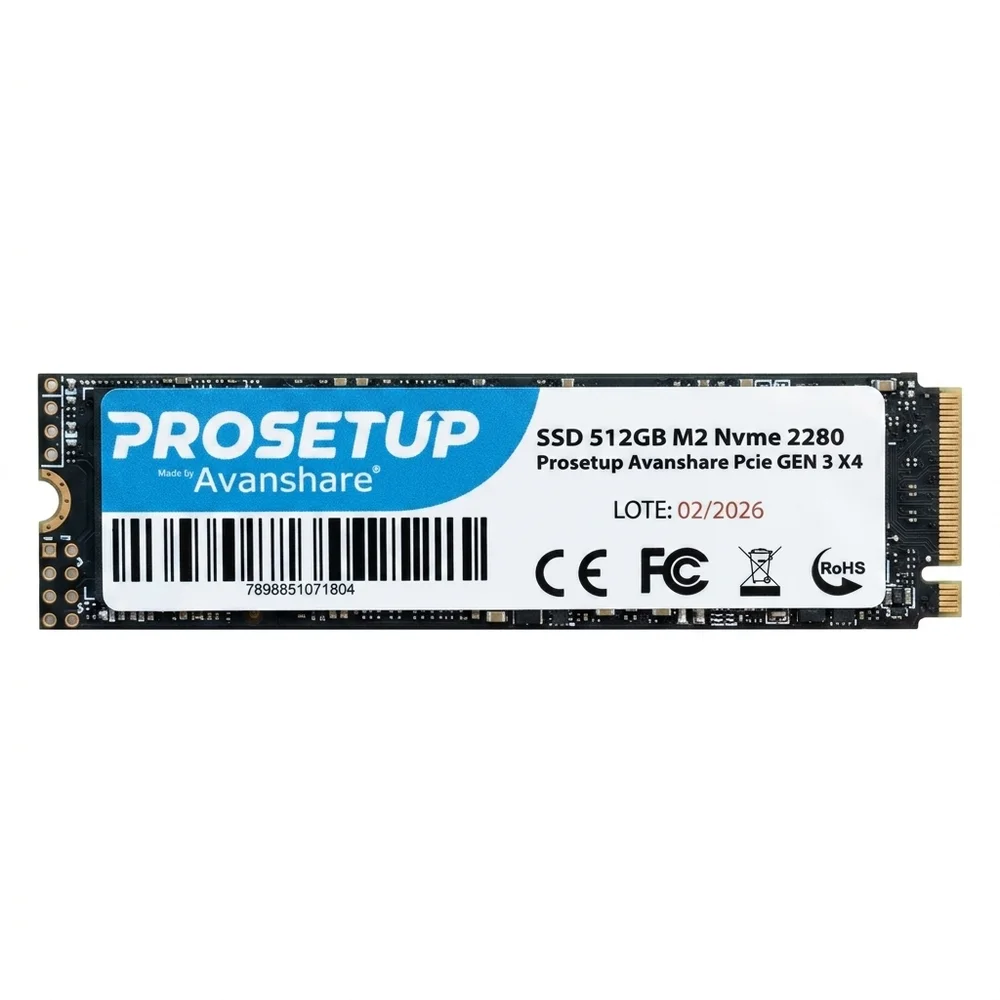 SSD 512gb M2 Nvme 2280 Prosetup Avanshare PCie Gen 3 X4 Leitura 1700mb/s Gravacao 1100mb/s