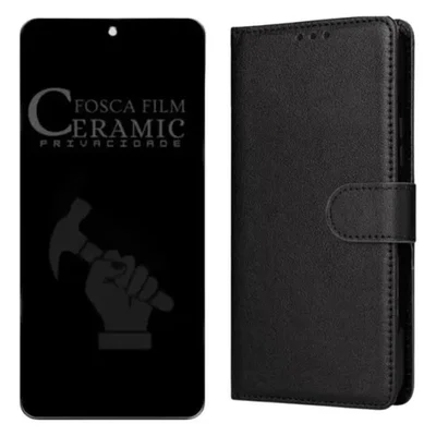 Capa Carteira Estojo Flip + Película Privacidade Fosca Para Redmi Note 15 Pro 5g