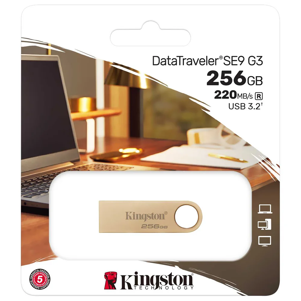 Imagem 2 de 2 do produto Pendrive Kingston Datatraveler Se9 G3 256gb Usb 3.2 Dtse9g3/256gb Dourado Alta Velocidade Portátil Compacto Metalizado