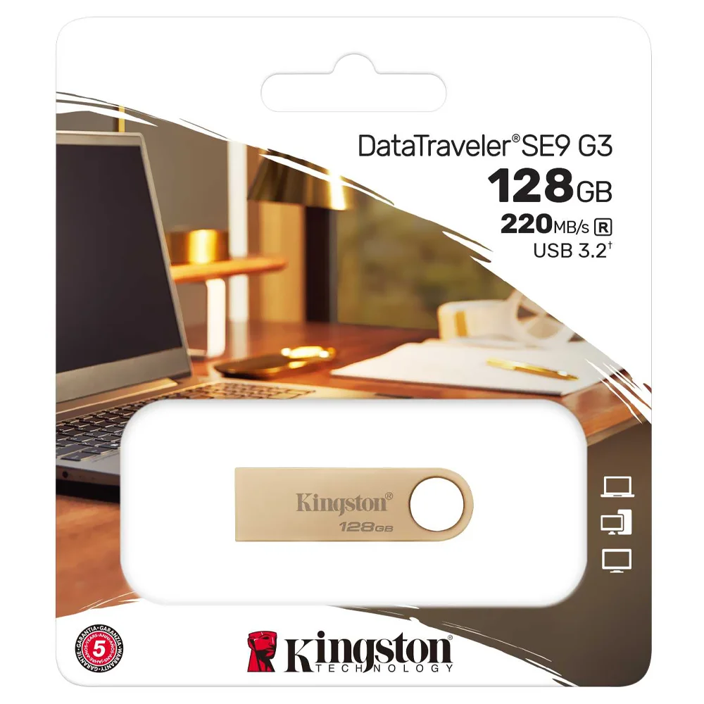 Imagem 2 de 2 do produto Pendrive Kingston Datatraveler Se9 G3 128GB Usb 3.2 Dtse9g3/128GB Dourado Alta Velocidade Portátil Compacto Metal Resistente