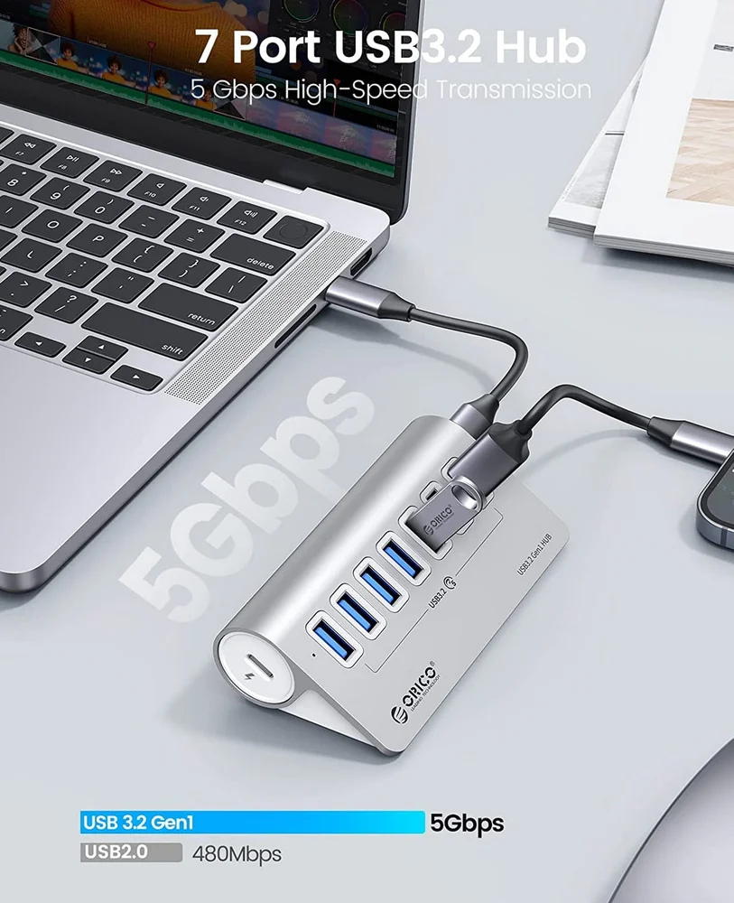 Imagem 2 de 5 do produto Adaptador Hub De 7 Portas Usb3.2 Gen1 5gbps - Orico