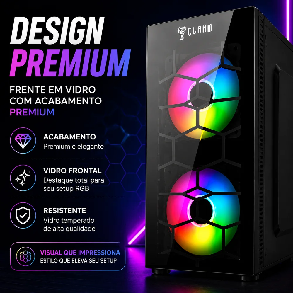 Imagem 3 de 5 do produto Gabinete Gamer Kaesar Clanm Micro Atx Vidro Frontal RGB