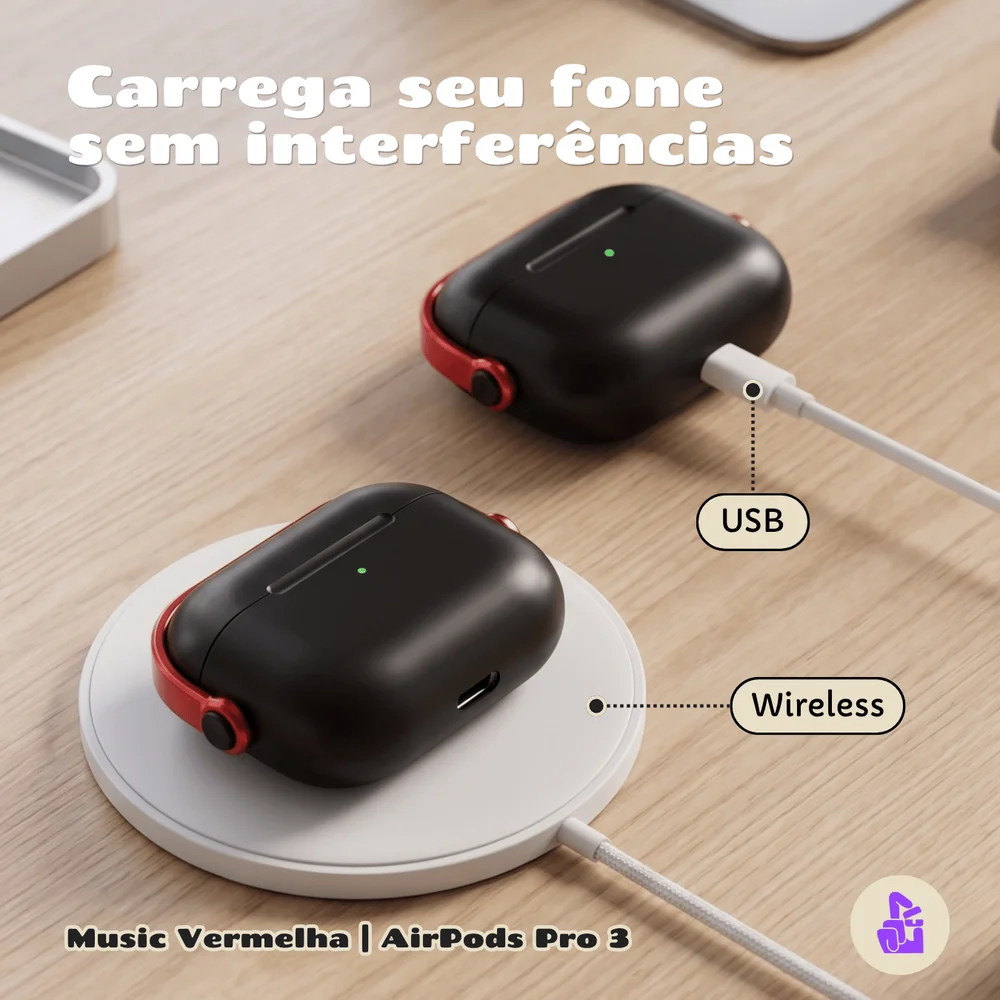 Imagem 2 de 5 do produto Capa Protetora De Silicone Nerdcase Compatível Com Airpods Pro 3, Preta Com Detalhe Vermelho