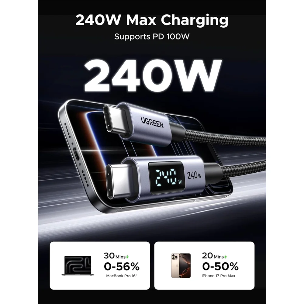 Imagem 4 de 5 do produto Cabo Usb-c Para Usb-c Ugreen 240w 1m Com Display LED Cinza