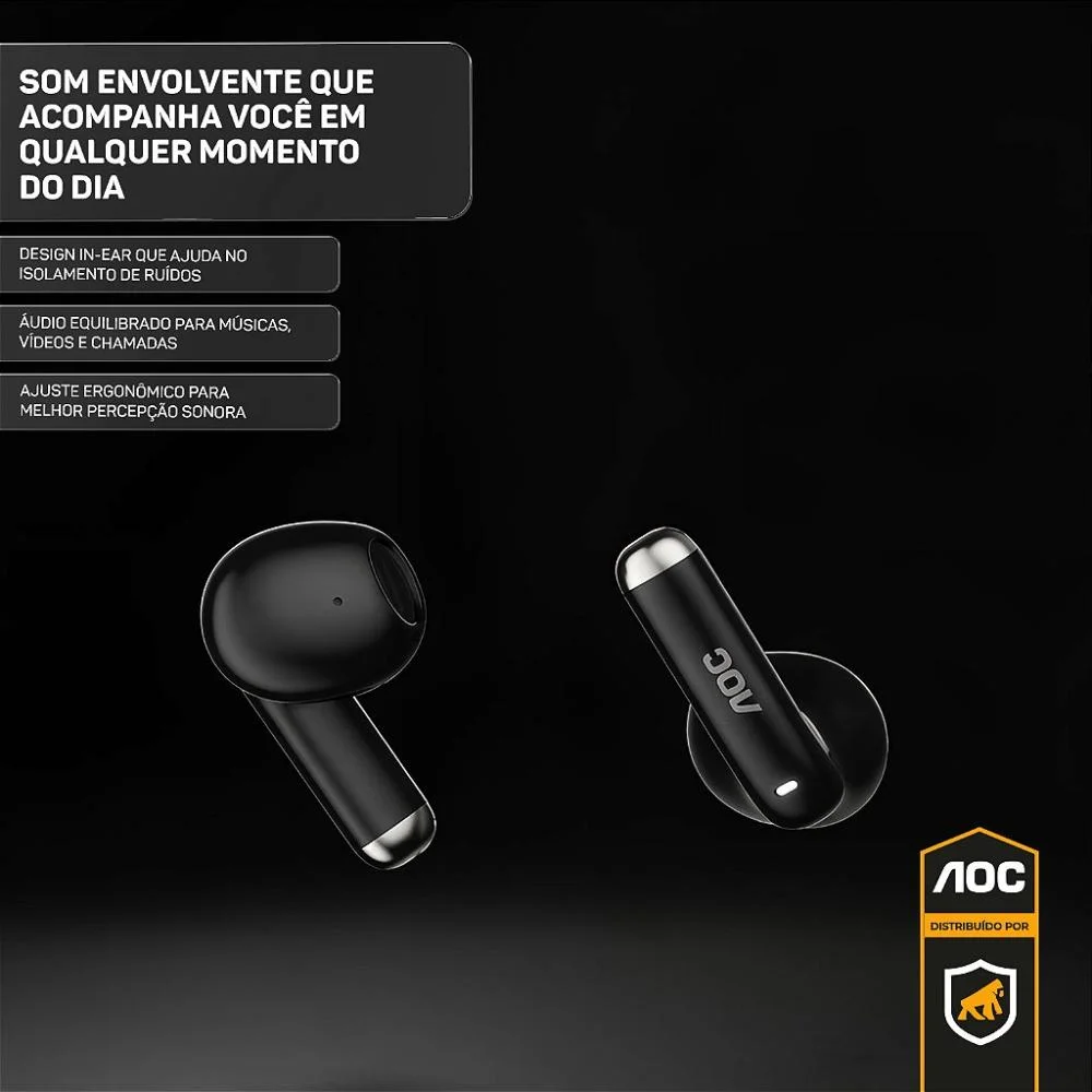Imagem 2 de 5 do produto Fone De Ouvido Bluetooth 6.0 Earbuds Tws Sem Fio Com Estojo Carregador, Preto Aoc