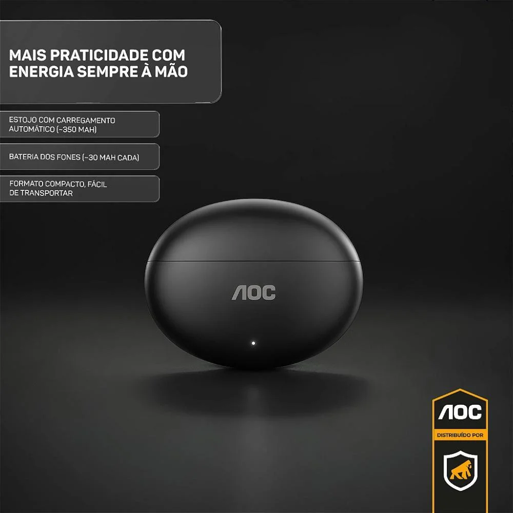 Imagem 4 de 5 do produto Fone De Ouvido Bluetooth 6.0 Earbuds Tws Sem Fio Com Estojo Carregador, Preto Aoc