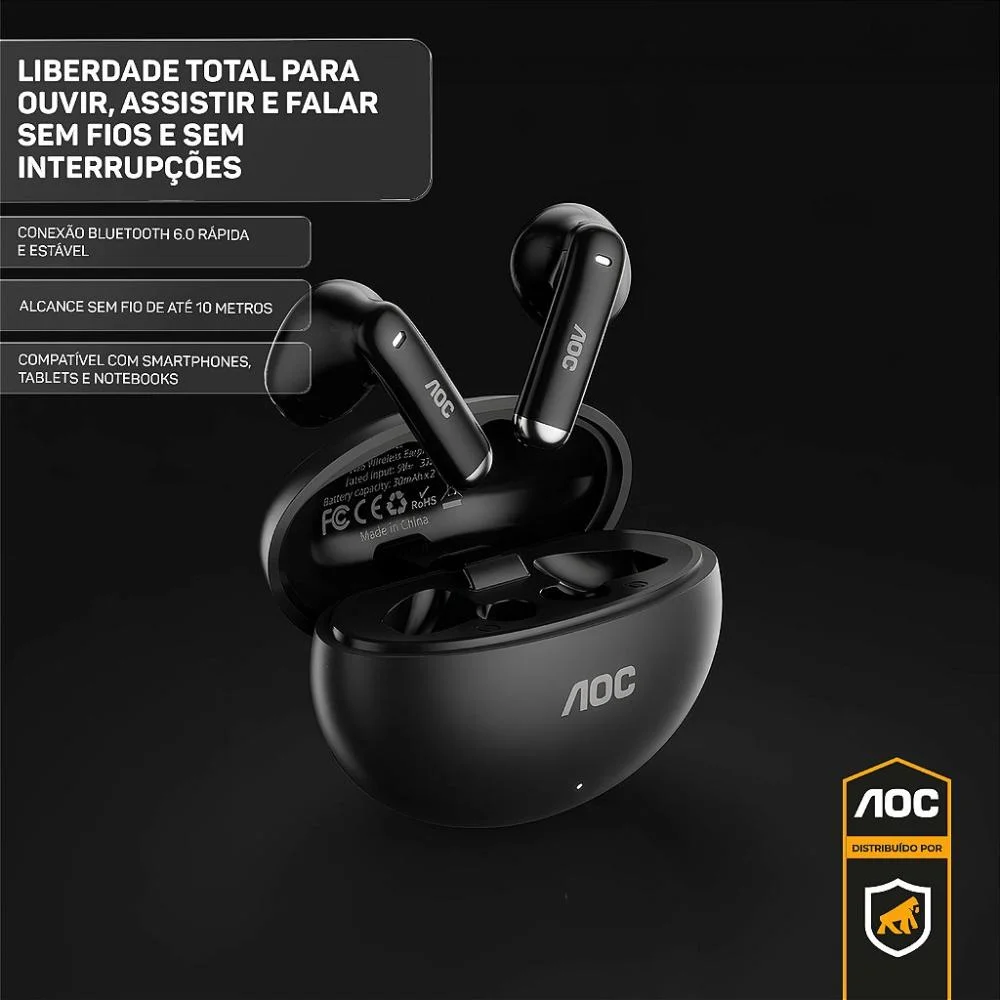 Imagem 5 de 5 do produto Fone De Ouvido Bluetooth 6.0 Earbuds Tws Sem Fio Com Estojo Carregador, Preto Aoc