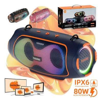 Caixa De Som Portátil Basike Boombox 80w Com Bluetooth, Graves Potentes E Luz RGB