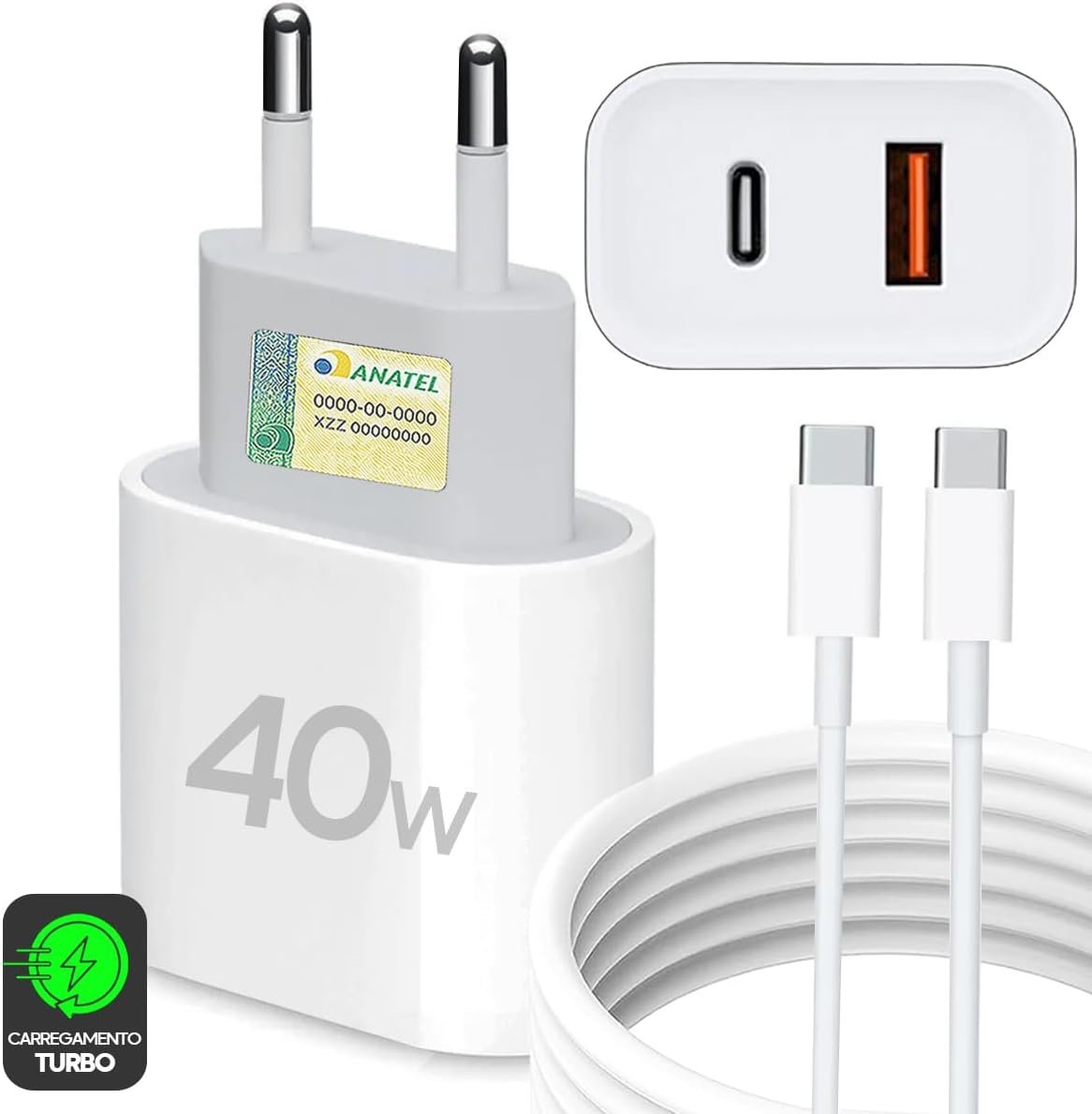 Carregador Turbo 40w Tipo C Usb-c Para Iphone 15 16 17