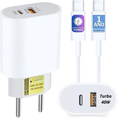 Carregador Super Turbo 40w Duas Entradas Acompanha Cabo 1m Tipo C Compatível Iphone 15,16,17 +todos Android Entradas (usb-c+usb-a) Ultra Resistencia