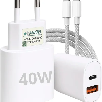 Carregador Celular Tipo C Turbo 40w 9.1a Com Cabo Usb-c Compatível Com Android E Ios. Duas Entradas: Usb E Usb-c Carga Rápida Tecnologia Pd Power Duo