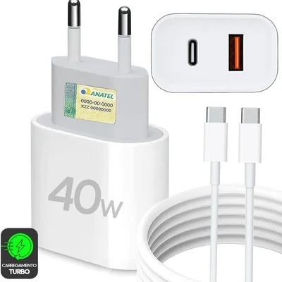 Kit Carregador Super Turbo 40w Porta Dupla (usb-c + Usb-a) + Cabo Usb Tipo-c, Compatível Com Todos Dispositivos, Celulares Samsung, Motorola, Iphone 1