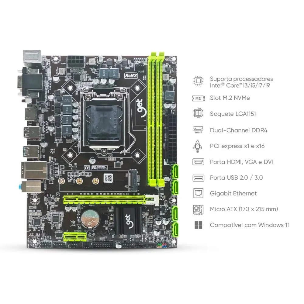 Imagem 4 de 5 do produto Placa Mãe LGA 1151 Get H310 Ddr4 M.2, Suporte Para Processadores Intel De 8ª E 9ª Geração