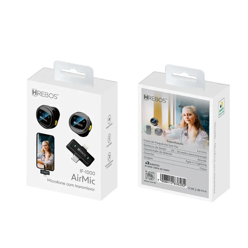 Imagem 3 de 5 do produto Microfone De Lapela Sem Fio Hrebos Airmic If-1000 Tipo-c E Compativel Lightning Ios Plug And Play Para Lives