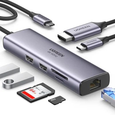 Hub Usb-c Ugreen Adaptador ( 7 Em 1 ) HDMI 4k 60hz, Gigabit Rj45 Ethernet, Leitor Cartão, Pd Tipo C 100w Carregamento, Compatível Macbook Ipad, Iphone