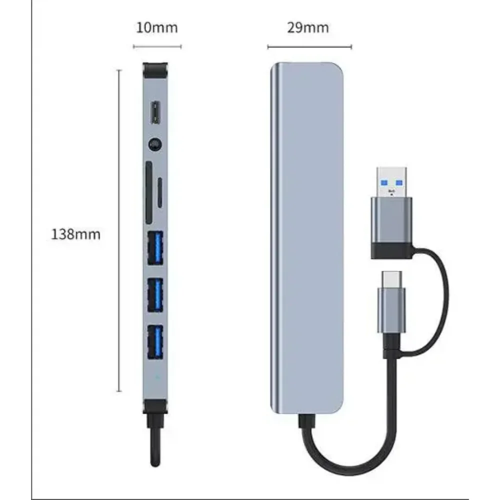 Imagem 3 de 5 do produto Hub 8 Em 1 Tipo C Adaptador Usb-c E 3.0, 8 Em 1 P2 Usb Sd