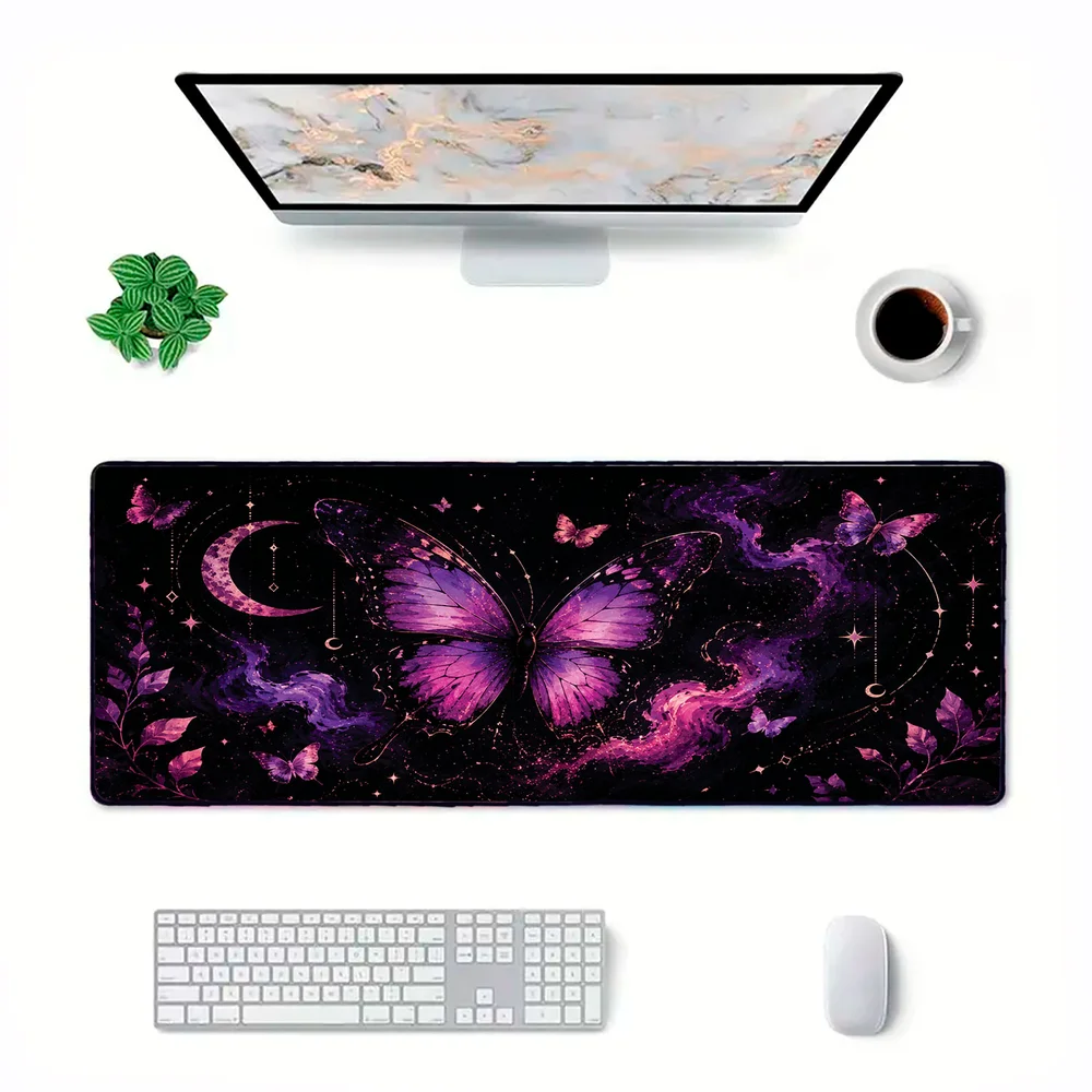 Novo Mouse Pad Gamer Deskpad Speed Extra Grande Borda Costurada Profissional 70x30  - Borboletas Universo
