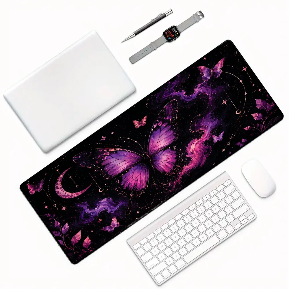 Novo Mouse Pad Gamer Deskpad Speed Extra Grande Borda Costurada Profissional 70x30  - Borboletas Universo