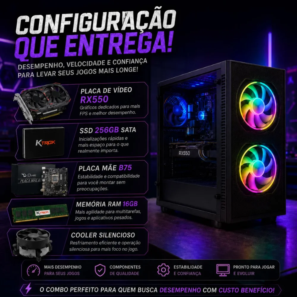 PC Gamer Completo i5 3ª Geração 16gb Ram SSD 512gb Rx 550 4gb Tpm 2.0 WINDOWS 11 Pro + Monitor 19" + Kit Gamer Completo - view 3