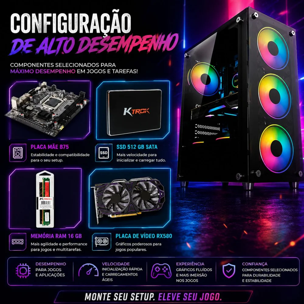 PC Gamer Completo i7 3ª Geração 16gb Ram SSD 512gb Rx580 8GB Tpm 2.0 WINDOWS 11 Pro + Monitor 19" + Kit Gamer Completo - view 3