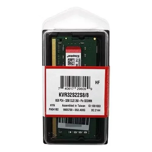 Memória Notebook, Ram Kingston 8GB, 3.200 Mhz Ddr4 Kvr32s22s/8