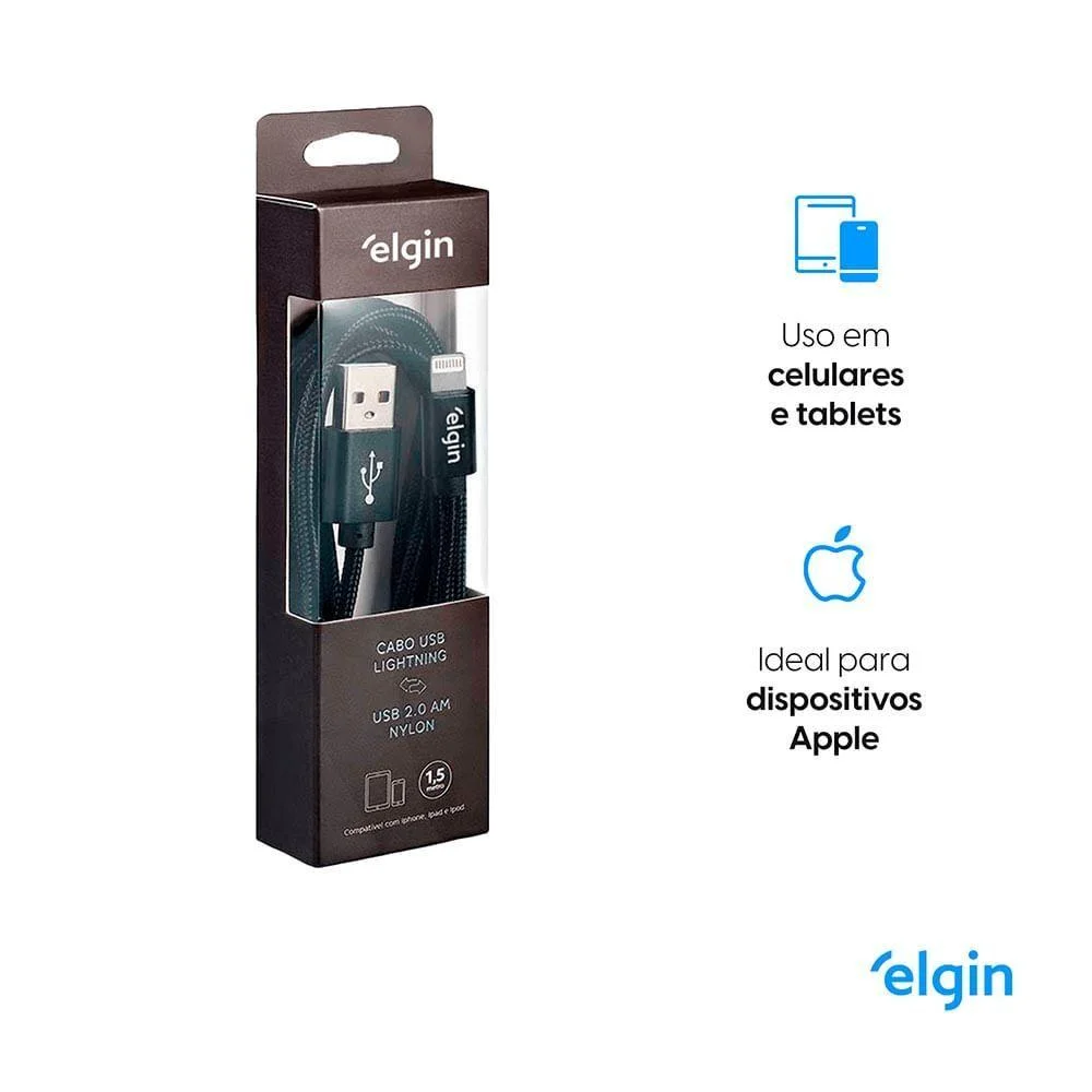 Imagem 2 de 5 do produto Cabo Usb Lightning 2.0 Nylon 1,5m 480mbps Preto Apple Elgin