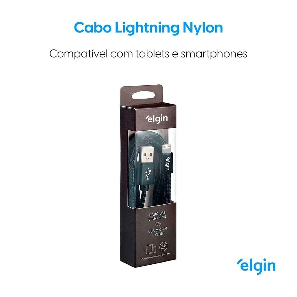 Imagem 4 de 5 do produto Cabo Usb Lightning 2.0 Nylon 1,5m 480mbps Preto Apple Elgin