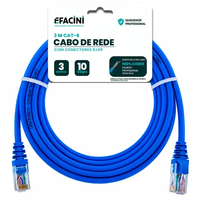 Cabo De Rede Efacini Azul Cat6 Ef-connect 100% Cobre, Anatel 3 Metros