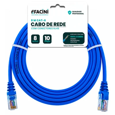 Cabo De Rede Efacini Azul Cat6 Ef-connect 100% Cobre, Anatel 8 Metros