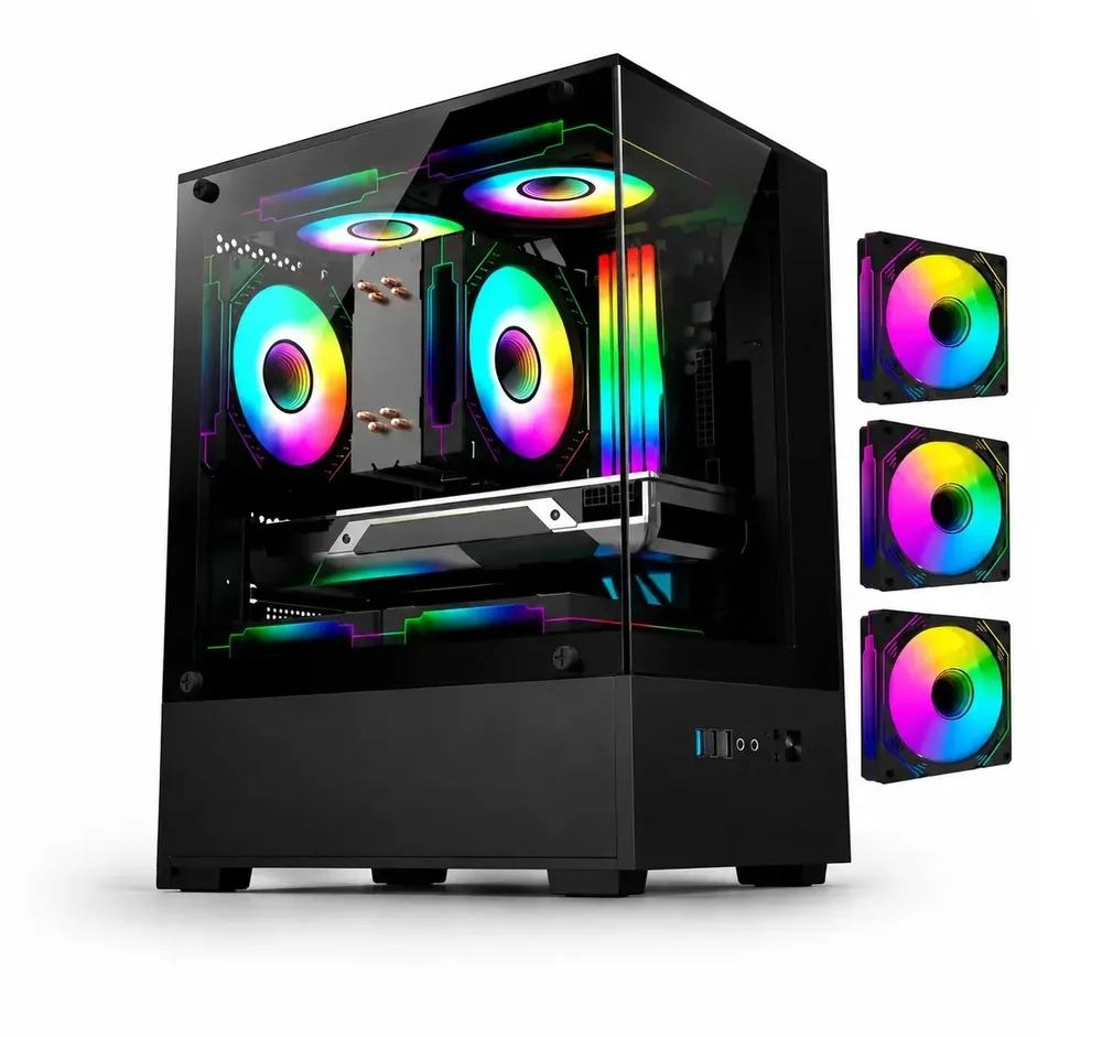 Gabinete Gamer Arvex Ignis Mid Tower Lateral E Frontal Em Vidro Temperado Com 3 Fans RGB Preto Arx-ins-b