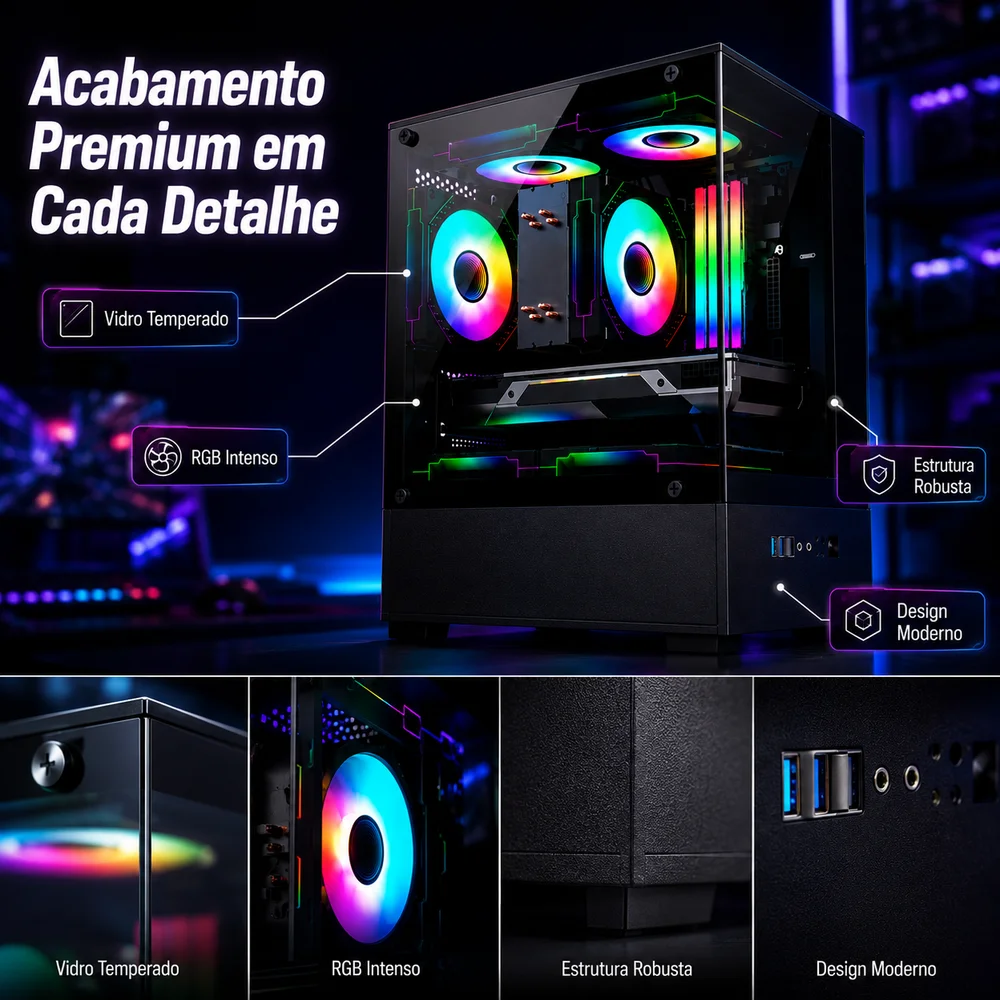 Imagem 2 de 5 do produto Gabinete Gamer Arvex Ignis Mid Tower Lateral E Frontal Em Vidro Temperado Com 3 Fans RGB Preto Arx-ins-b