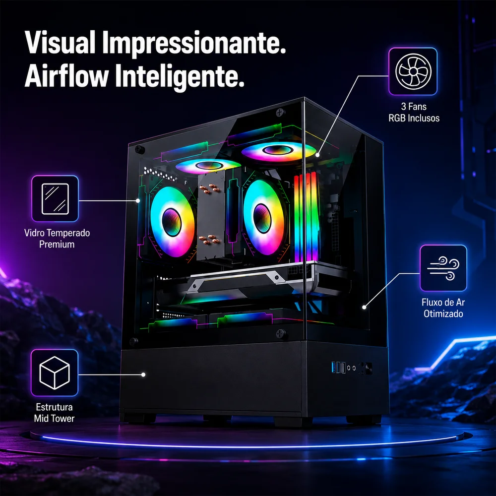Imagem 5 de 5 do produto Gabinete Gamer Arvex Ignis Mid Tower Lateral E Frontal Em Vidro Temperado Com 3 Fans RGB Preto Arx-ins-b