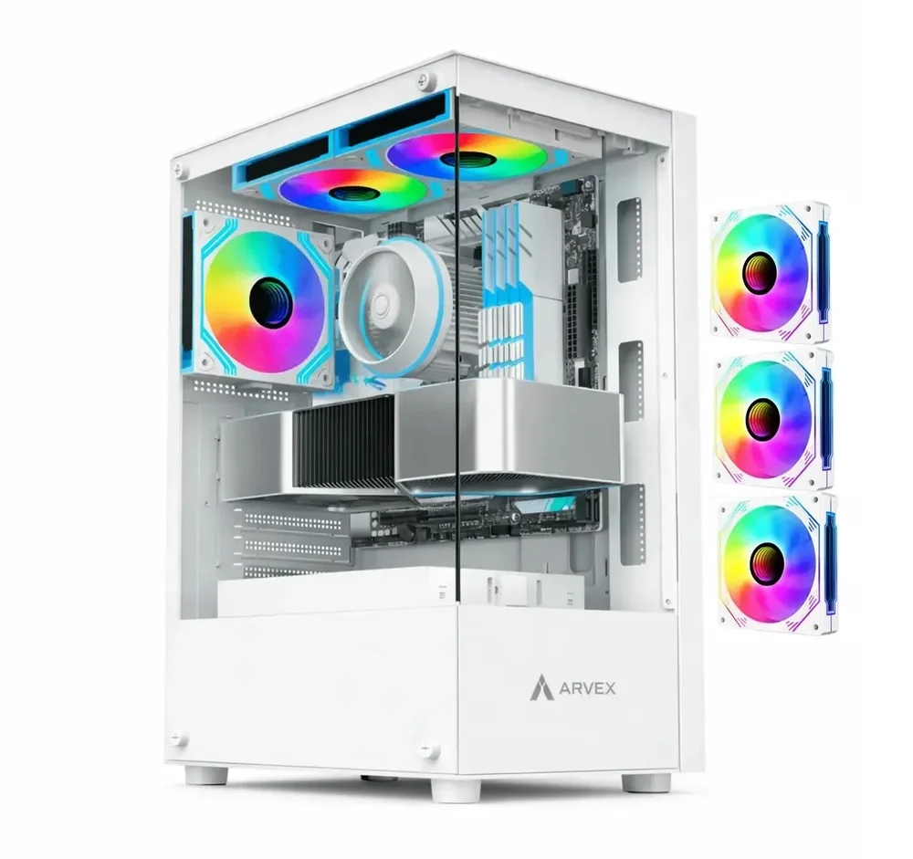 Gabinete Gamer Arvex Ignis Branco Mid Tower Lateral E Frontal Em Vidro Temperado Com 3 Fans RGB