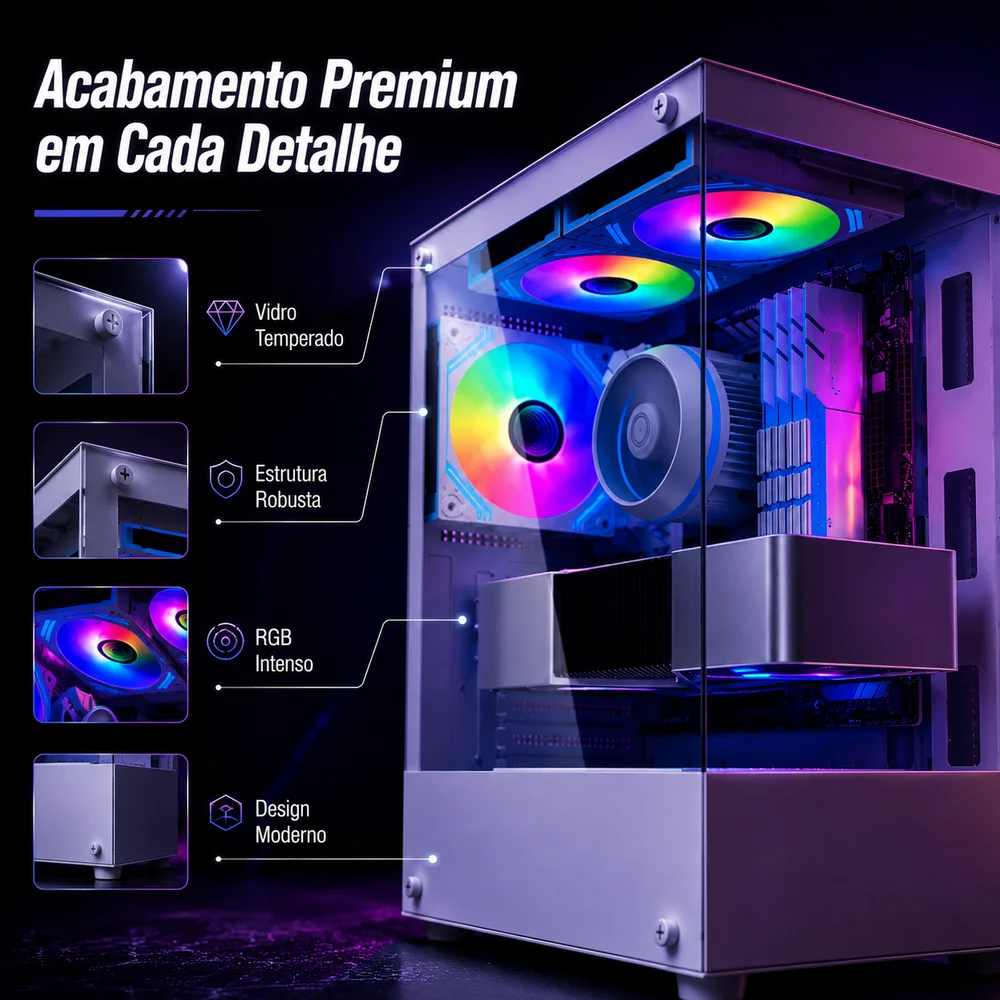 Imagem 2 de 5 do produto Gabinete Gamer Arvex Ignis Branco Mid Tower Lateral E Frontal Em Vidro Temperado Com 3 Fans RGB