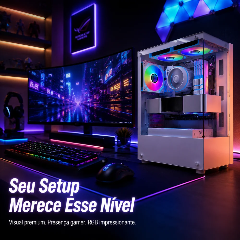 Imagem 4 de 5 do produto Gabinete Gamer Arvex Ignis Branco Mid Tower Lateral E Frontal Em Vidro Temperado Com 3 Fans RGB