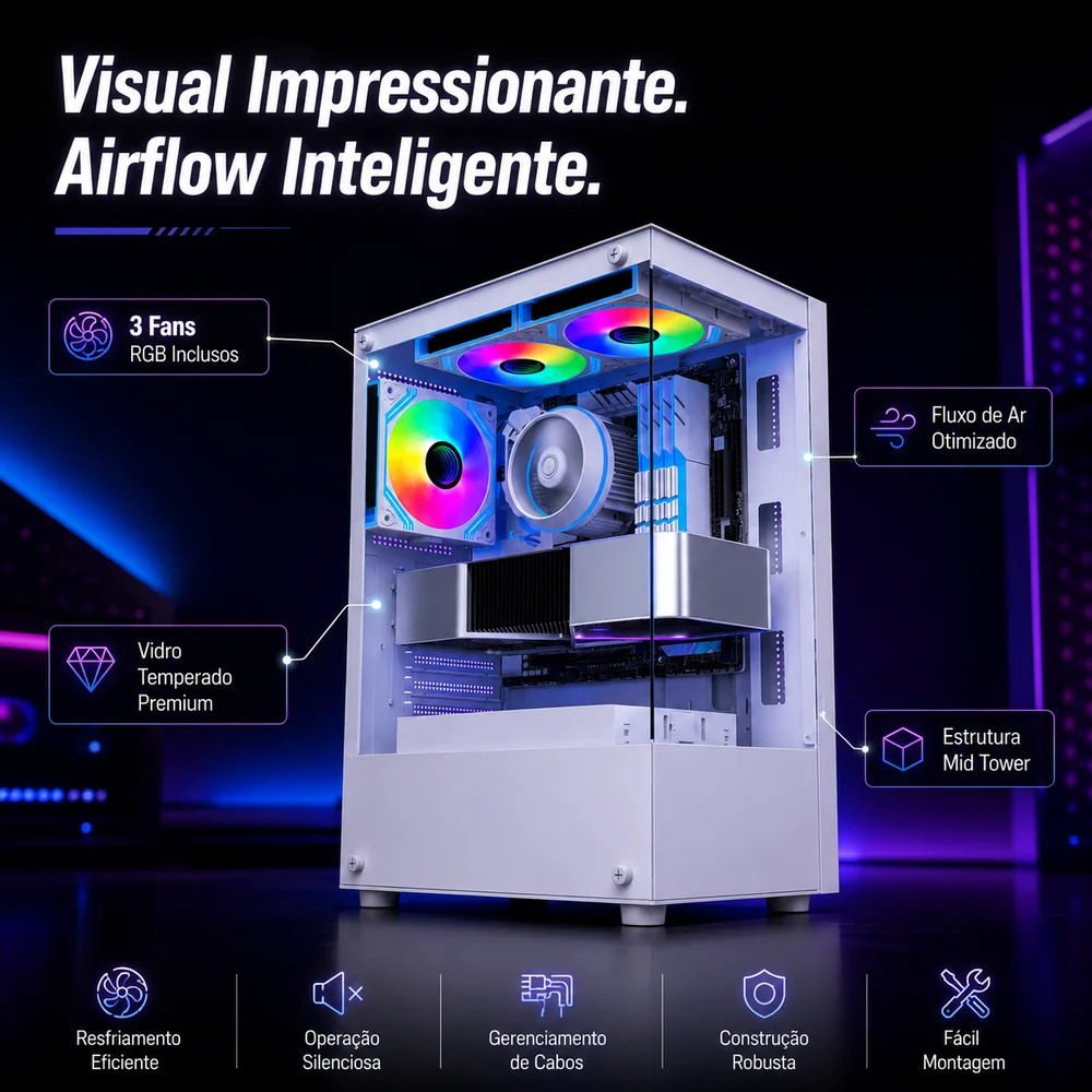Imagem 5 de 5 do produto Gabinete Gamer Arvex Ignis Branco Mid Tower Lateral E Frontal Em Vidro Temperado Com 3 Fans RGB