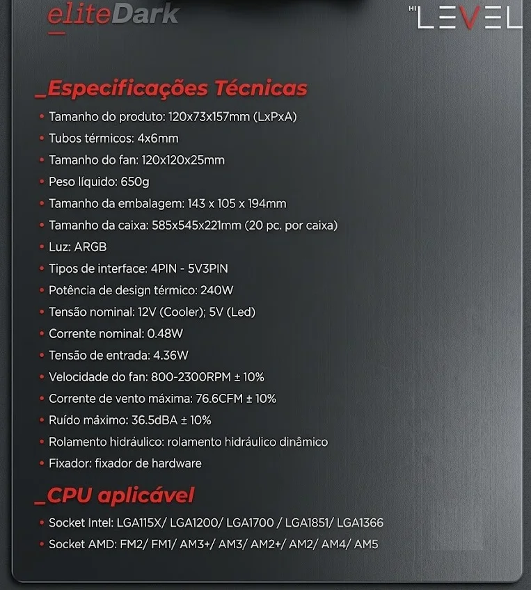 Cooler Gamer Processador Univ Hi Level Elite Darktdp 240w 7