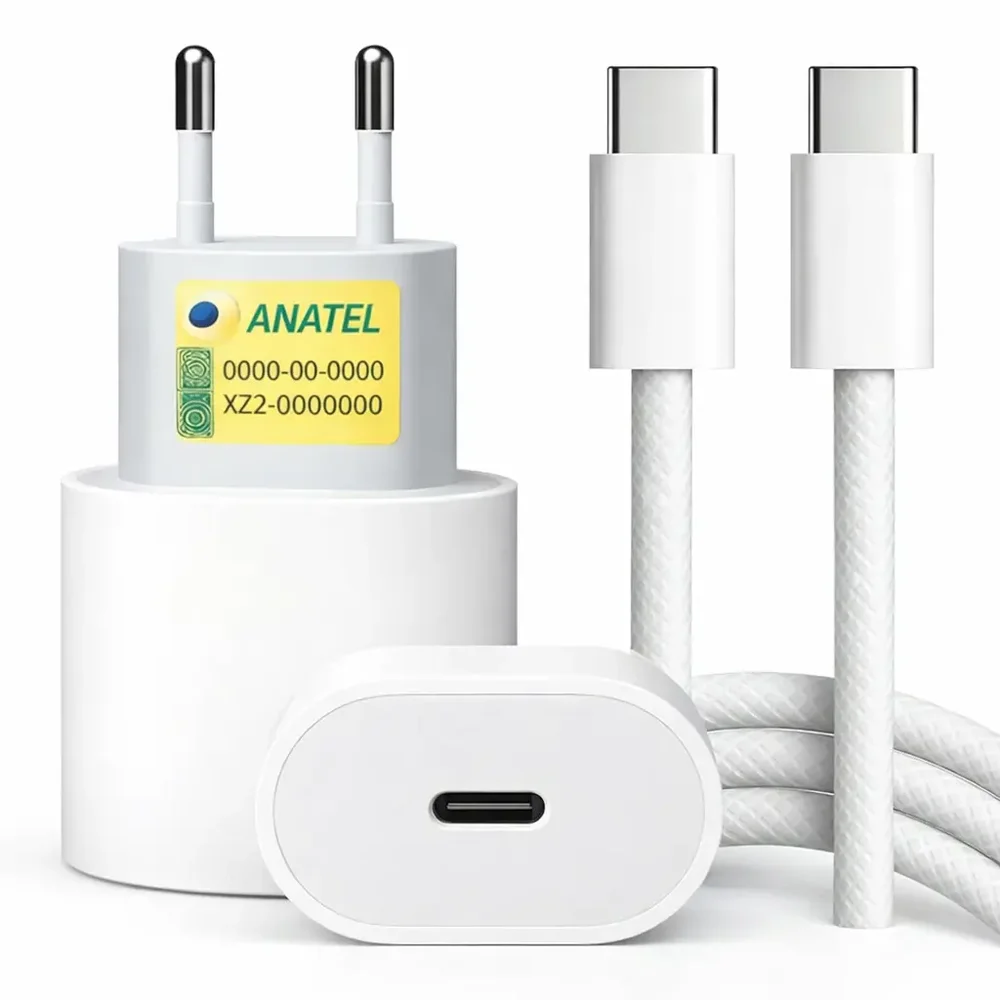 Carregador Rápido 20w Android Iphone Usb-c Bivolt Com Cabo 1m Carregamento Turbo Compatível Samsung Motorola Celular Tablet Iphone 15 16 17 Compacto E