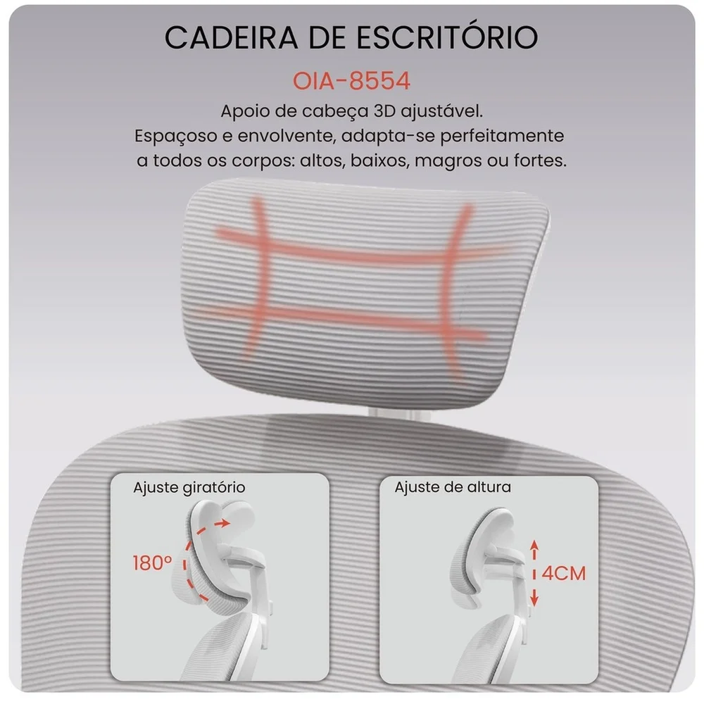Cadeira Escritório Ergonômica Presidente Apoio Cabeça Ajustável Lombar Regulável Reclinável Oia-8554 Cadeira Escritório Ergonômica Presidente Apoio Cabeça Ajustável Lombar Regulável Reclinável Oia-8554