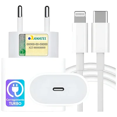 Carregador Turbo 20w Usb-c P/ Iphone 8 X Xr 11 12 13 14 Branco Rápido