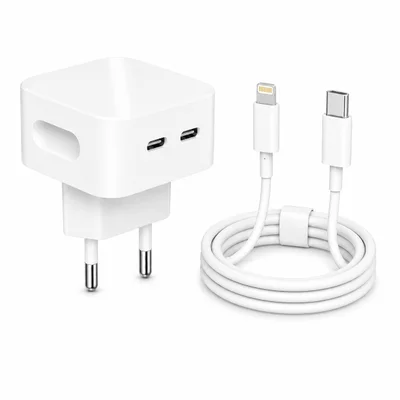 Fonte Carregador Para Iphone Usb-C Dupla Entrada Com Cabo Incluso 1m Fast Charge Carregamento Rapido Turbo 50w