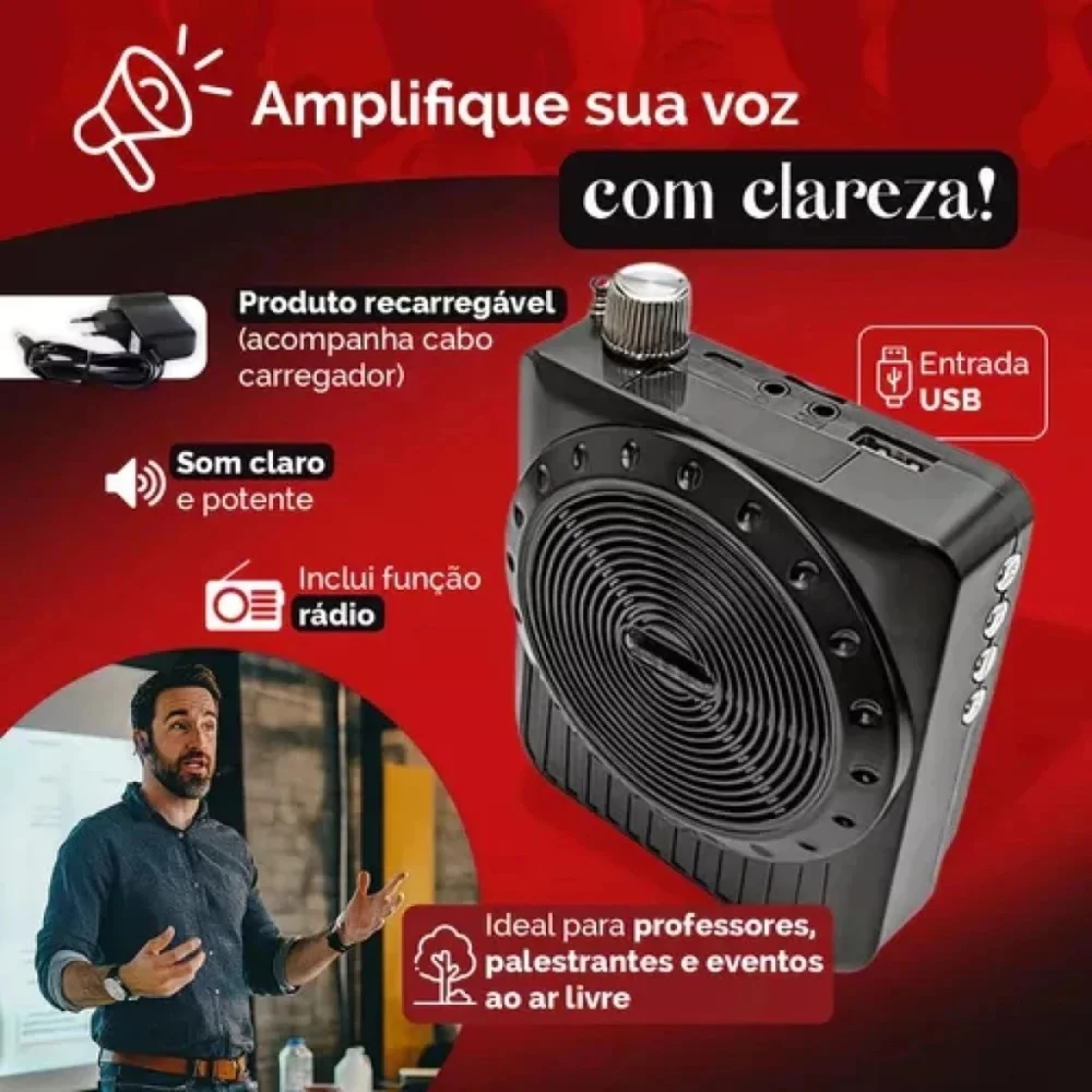 Imagem 2 de 5 do produto Megafone Amplificador De Voz Portátil Com Microfone Headset Recarregável