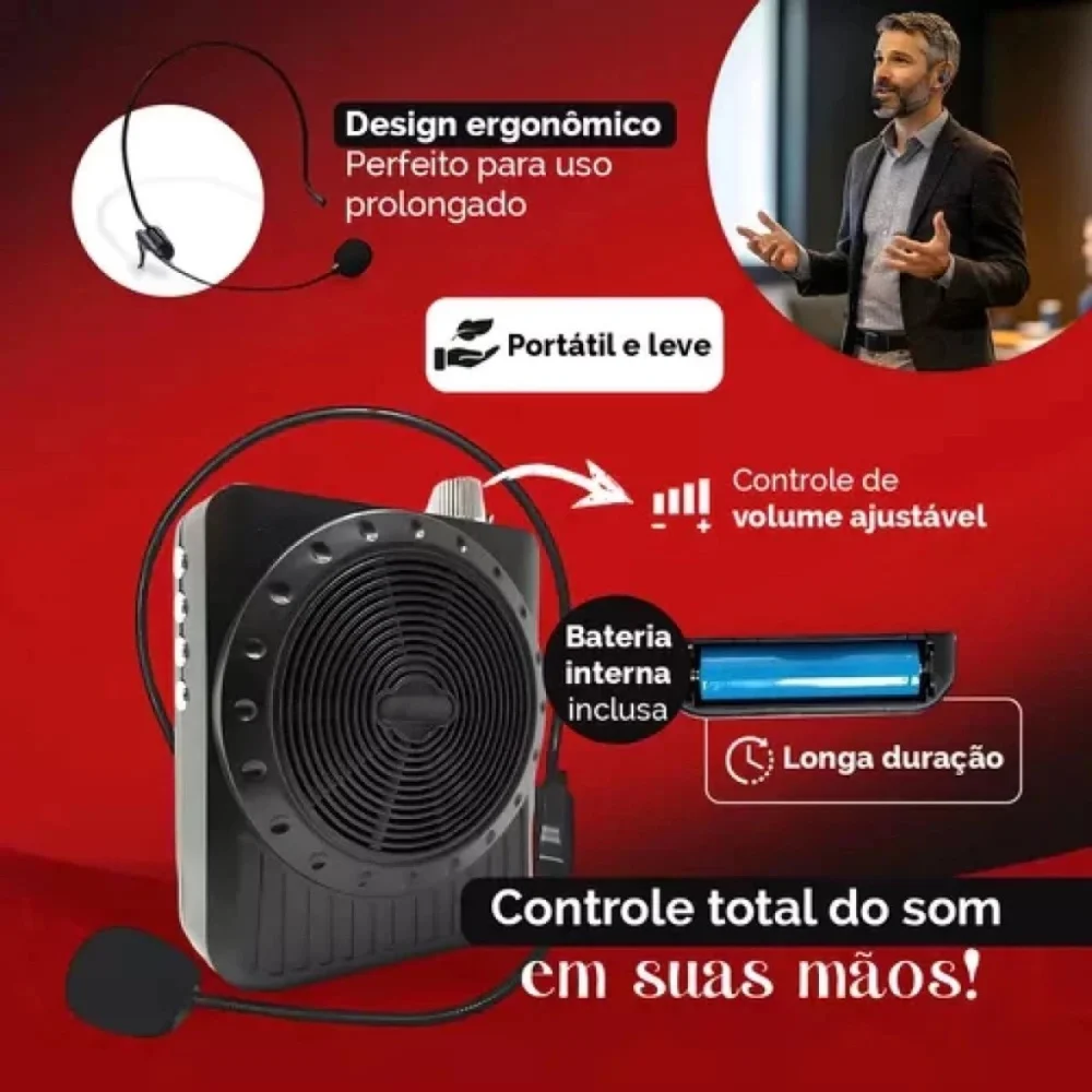 Imagem 3 de 5 do produto Megafone Amplificador De Voz Portátil Com Microfone Headset Recarregável