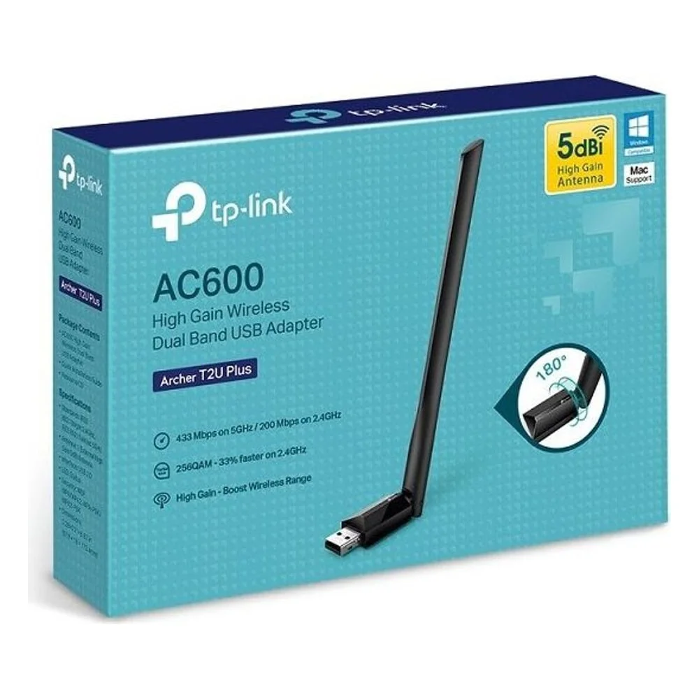Imagem 2 de 3 do produto Adaptador Wi-fi Tp-link Archer T2u Plus Ac600 Dual Band Usb 2.0 600mbps Antena Externa Compatível WINDOWS Mac