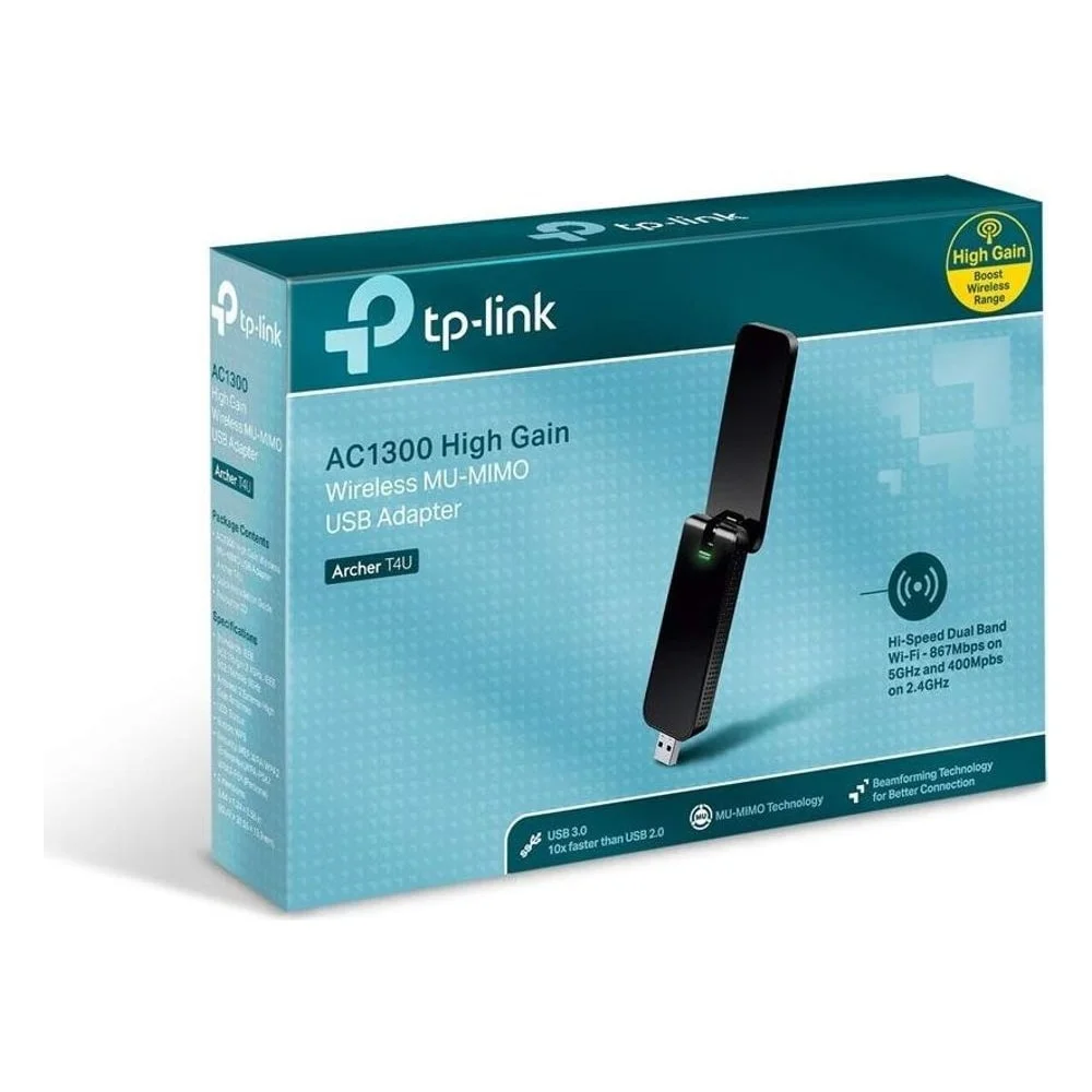 Imagem 2 de 3 do produto Adaptador Usb Wi-fi Tp-link Archer T4u Ac1300 Dual Band 802.11ac 5ghz 867mbps 2.4ghz 400mbps Antena Externa
