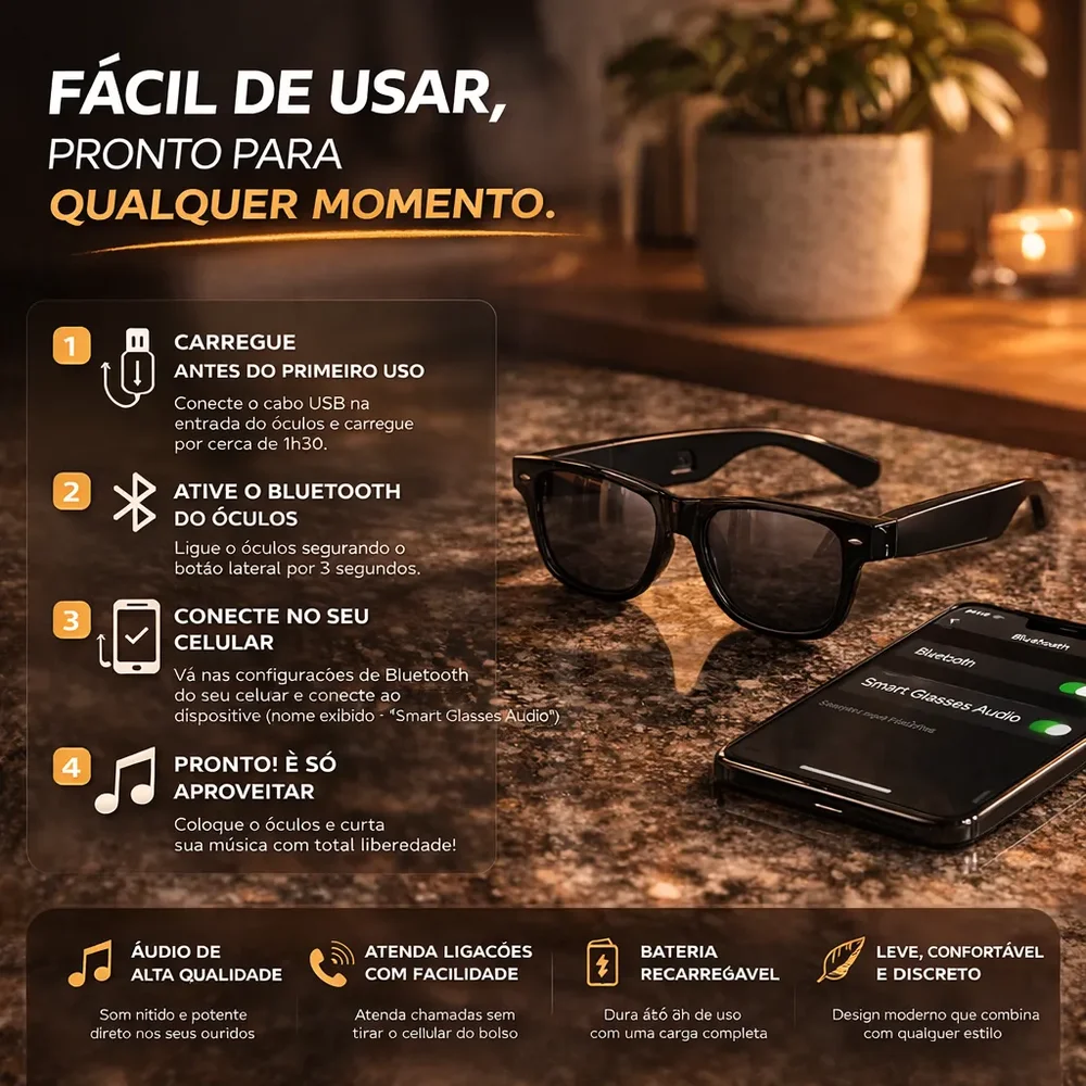 Imagem 4 de 4 do produto Óculos De Sol Premium Inteligente Bluetooth Com Áudio Open Ear, Microfone, Proteção Uv