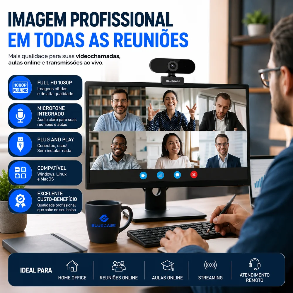 Imagem 3 de 4 do produto Webcam Full Hd 1080p Bluecase Com Microfone Usb